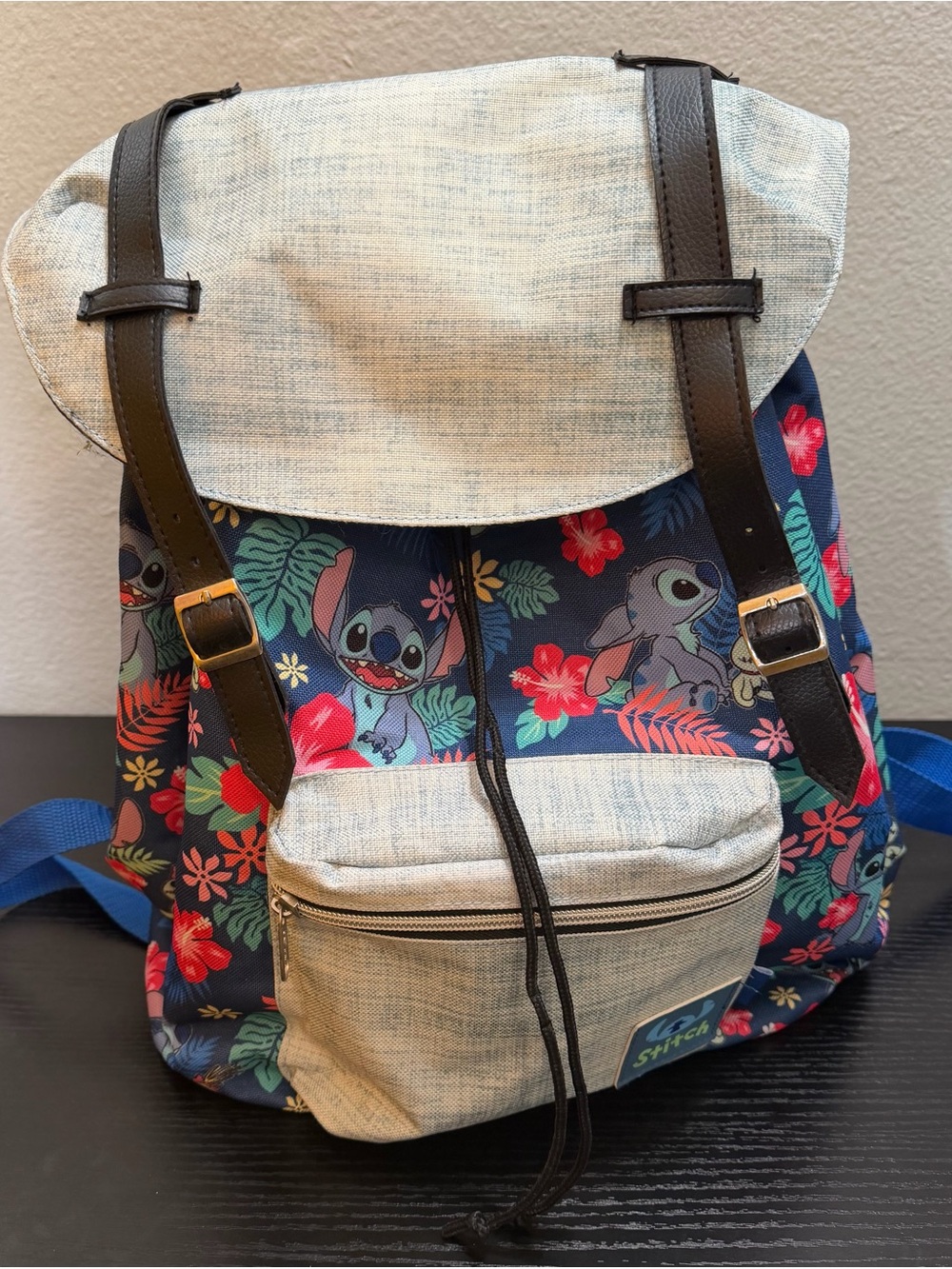 Disney Stitch Floral Navy Canvas Backpack with Beige Flap
